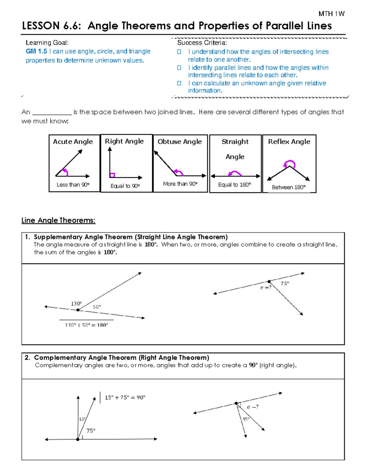 MTH 1W: Lesson 6.6 - Angle Theorems & Parallel Lines Properties - Studocu