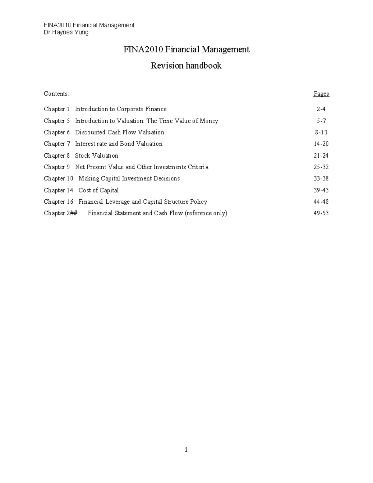FINA2010 Financial Management Revision Handbook by Dr. Haynes Yung ...