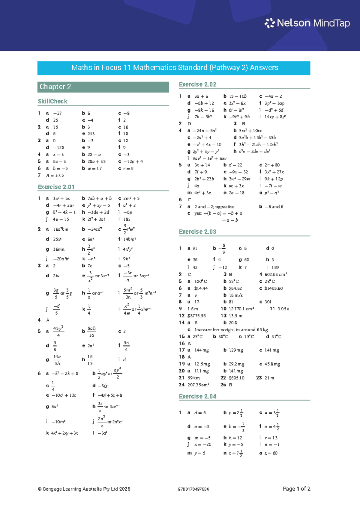Maths in Focus 11 (Pathway 2) Chapter 2 Exercise Answers - Studocu
