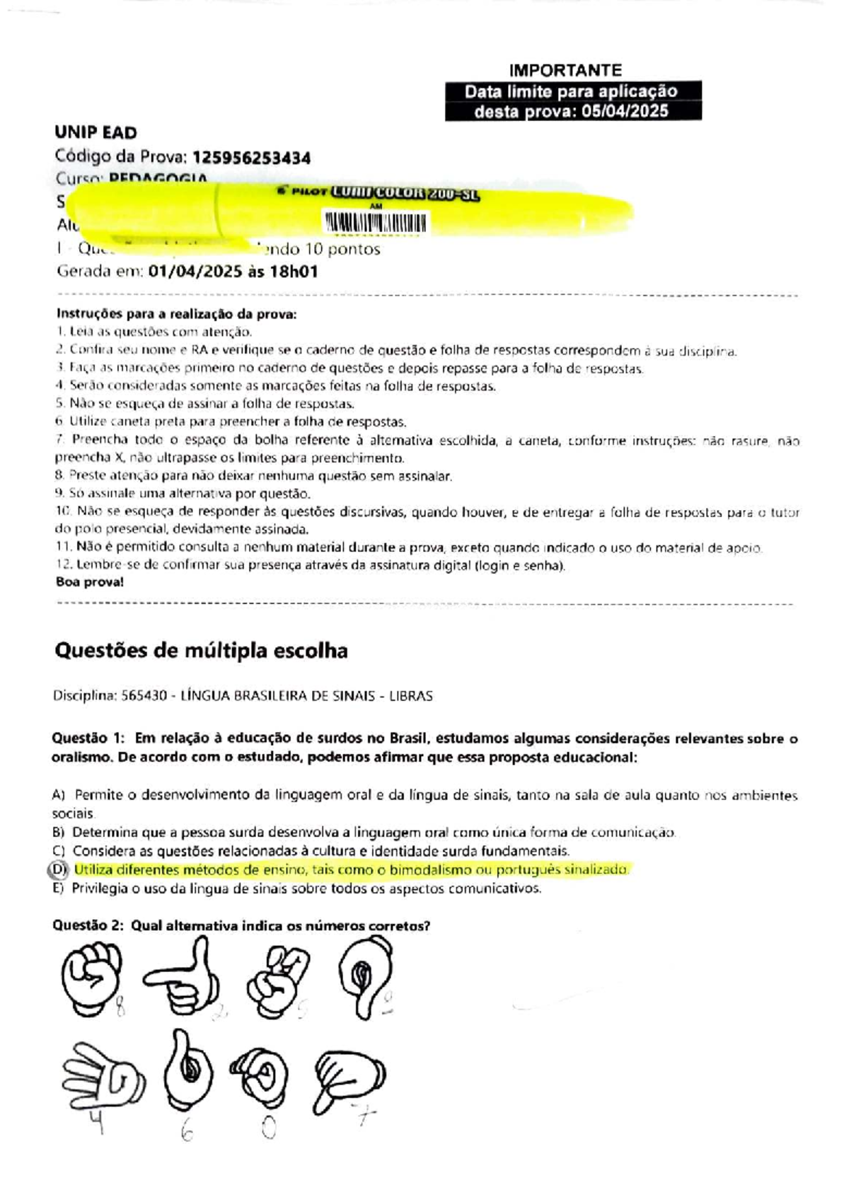 Prova Final UNIP - Libras - Código: 125956253434 - Studocu