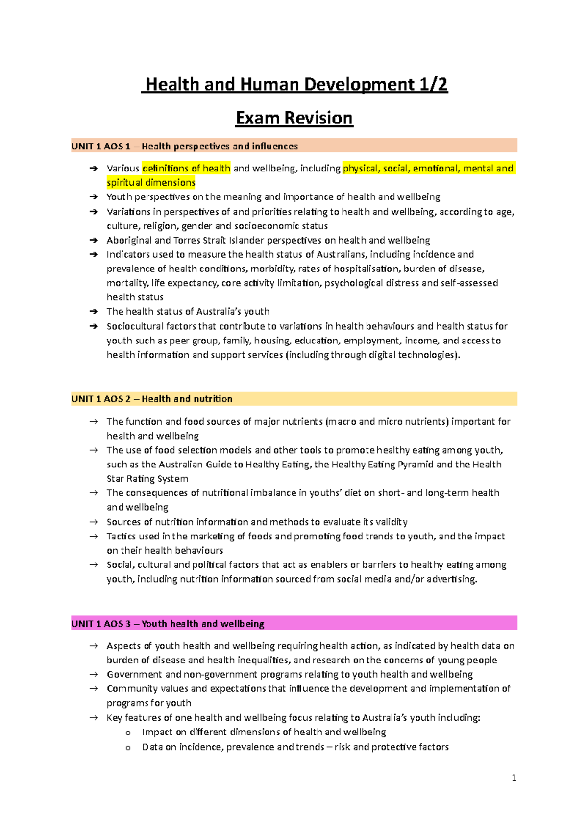 Health and Human Development 1 - Notes Unit 1/2 - Health and Human ...