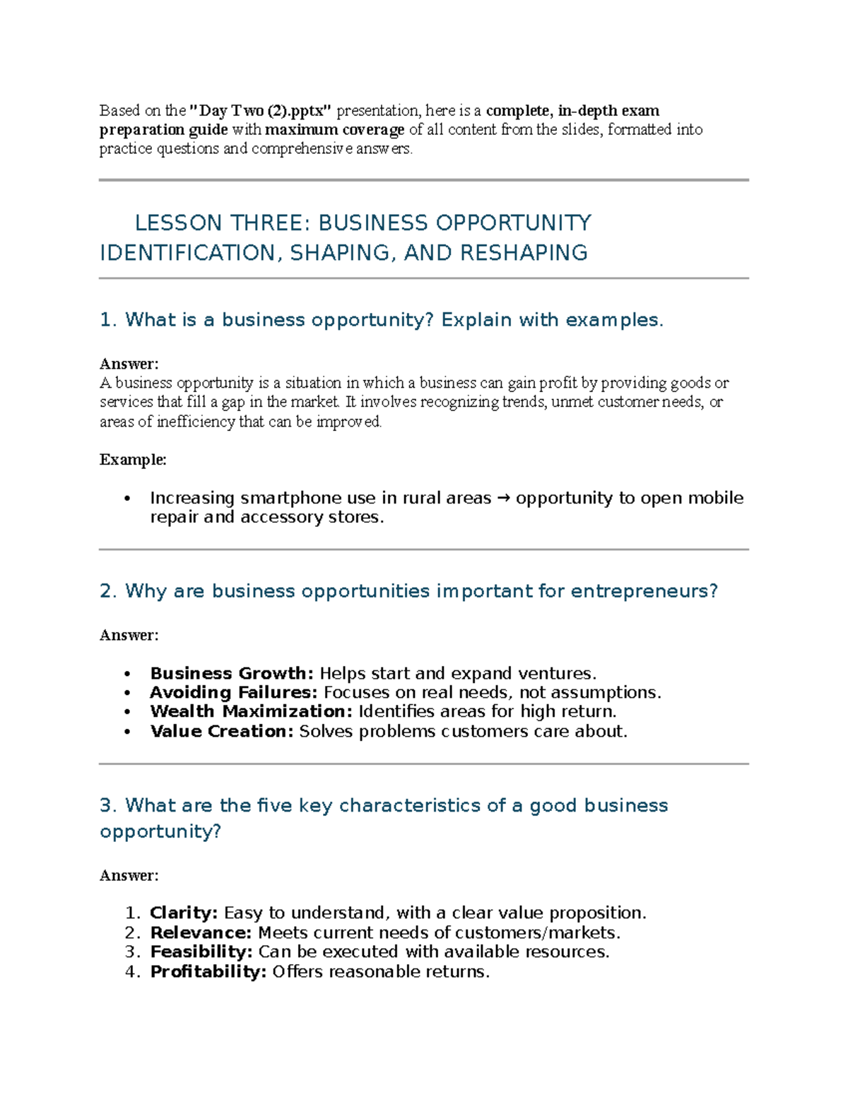 BUS 101: Final Exam Prep Guide on Business Opportunity Identification ...