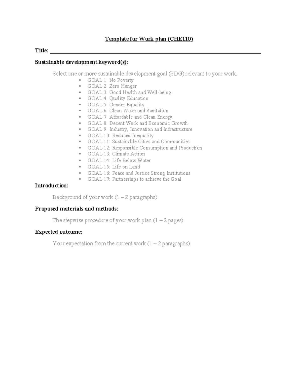CHE110 Work Plan Template for Sustainable Development Goals - Studocu