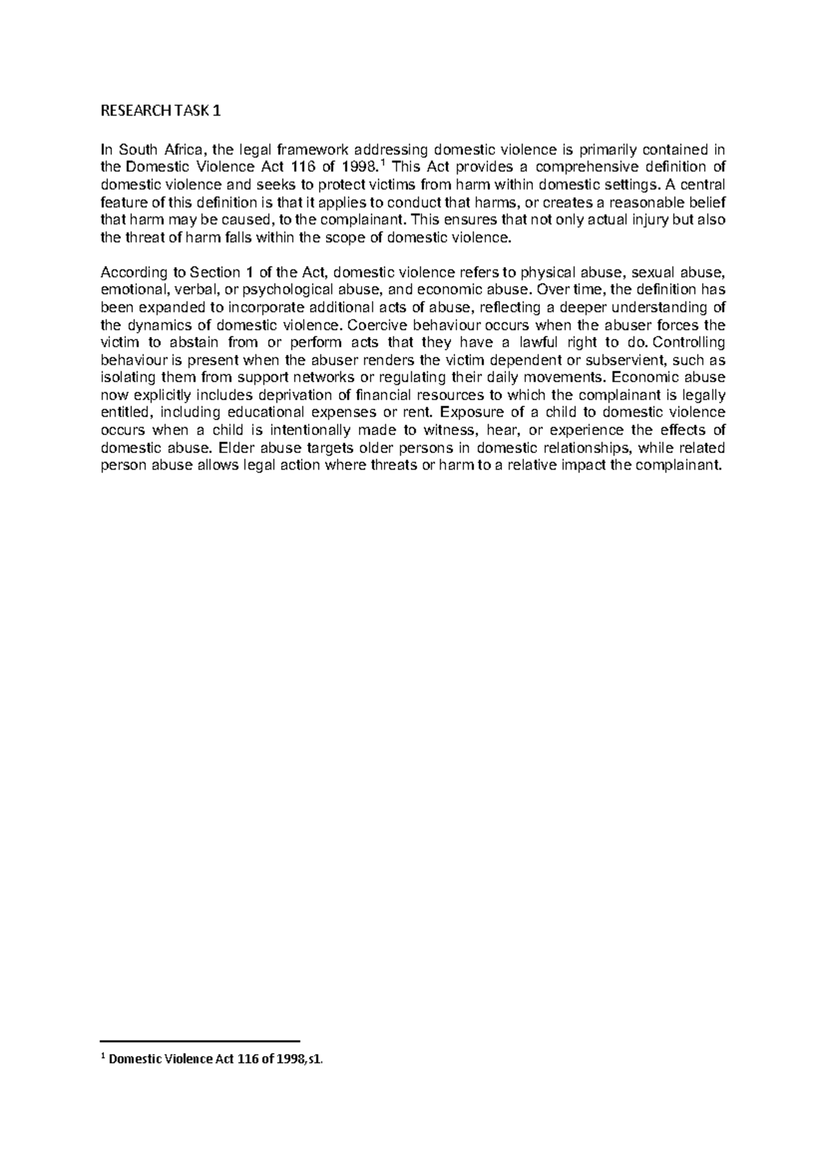 Research Task 1: Understanding Domestic Violence in South Africa - Studocu