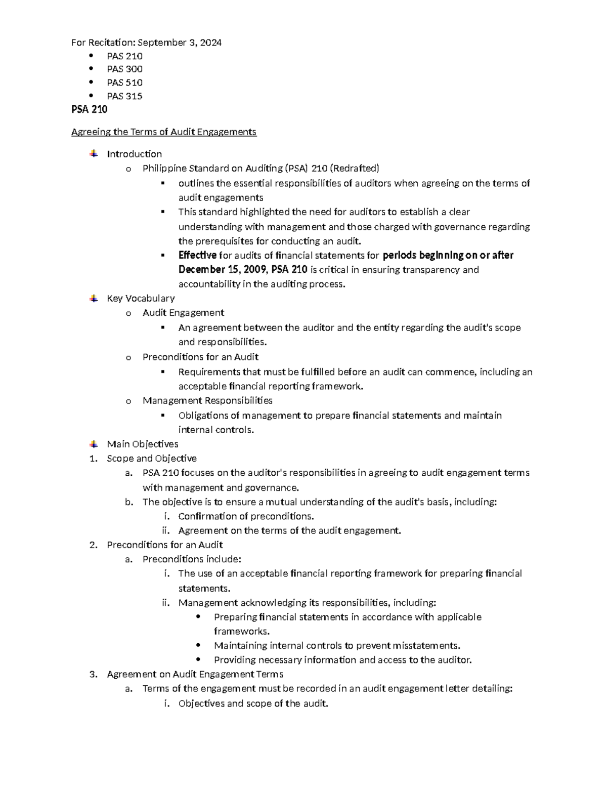 Summary of PAS 210, 300, 510, and 315 for Recitation - Studocu