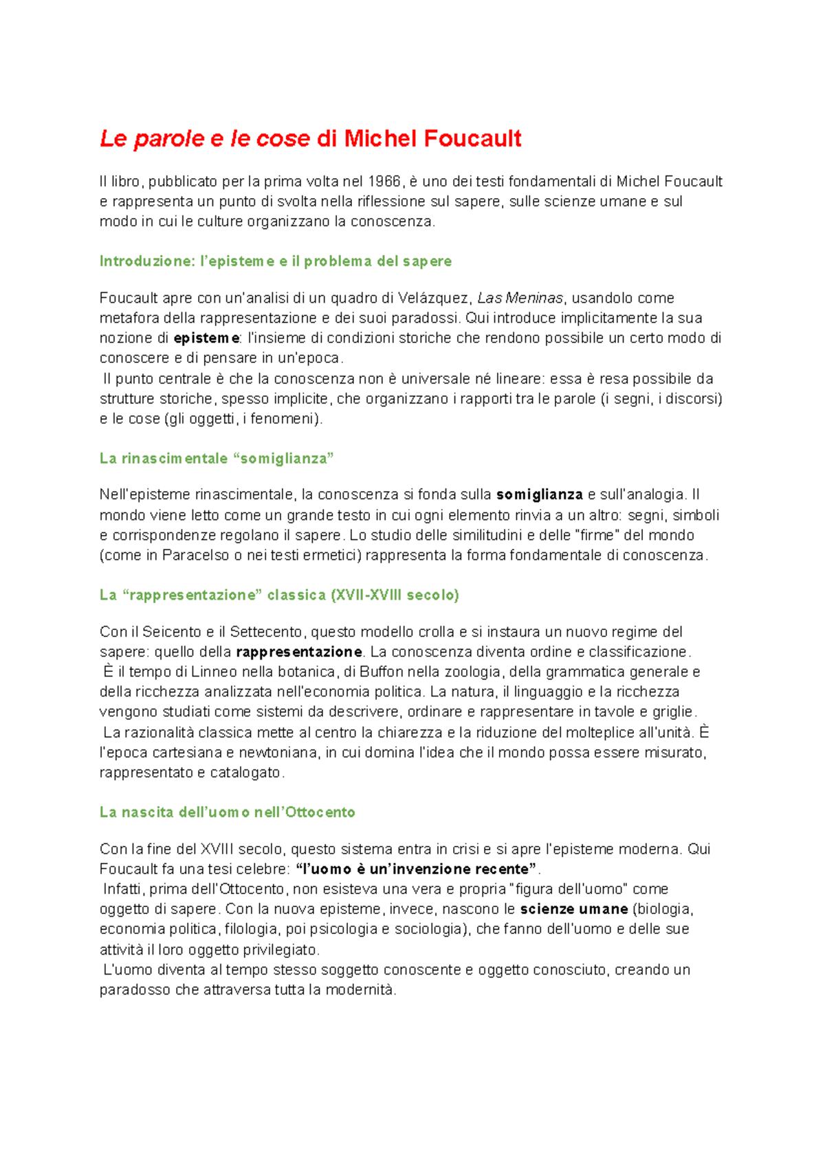 Riassunto del libro "Le parole e le cose" di Michel Foucault - Document Preview