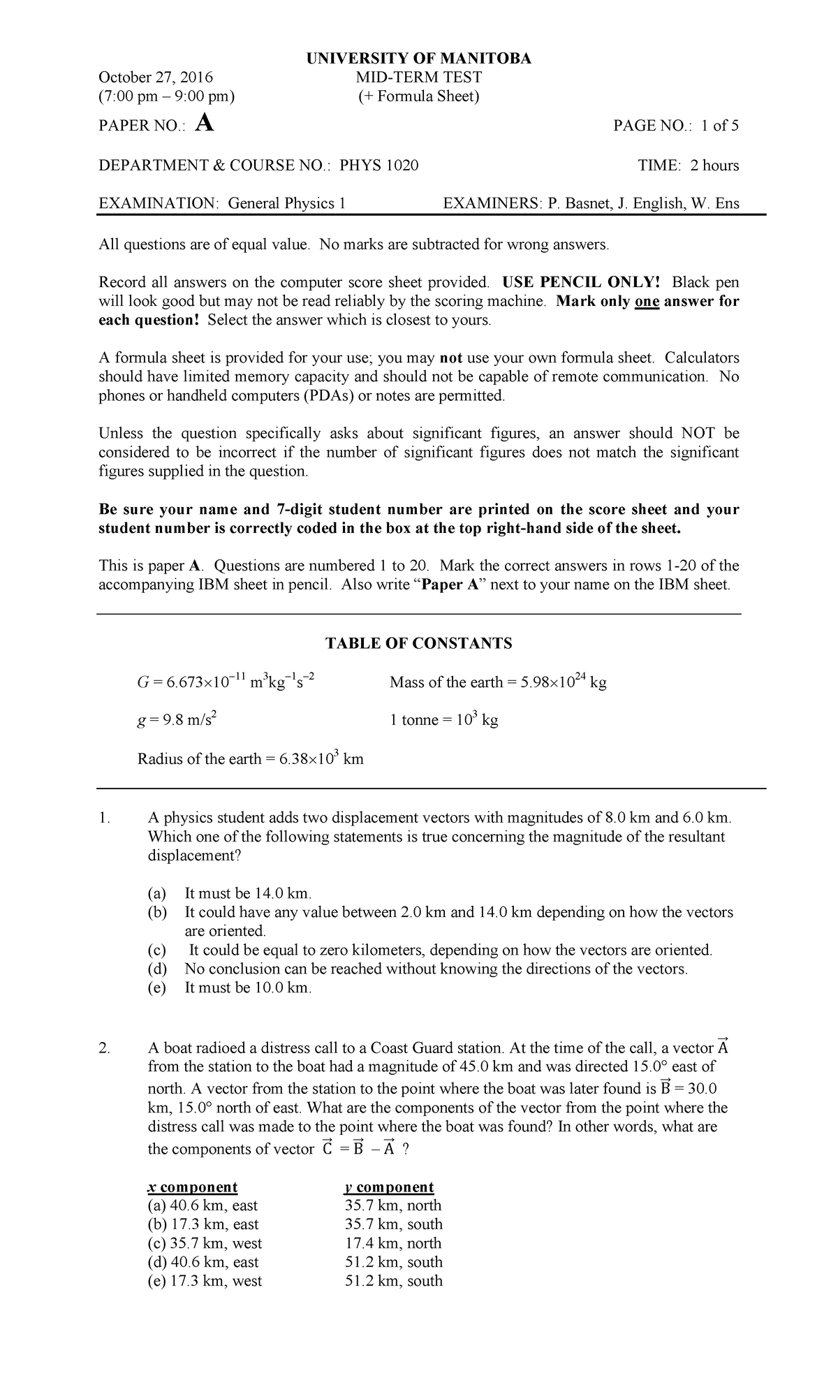 PHYS 1020 Exam 3 - General Physics 1 Questions (May 2018) - Studocu