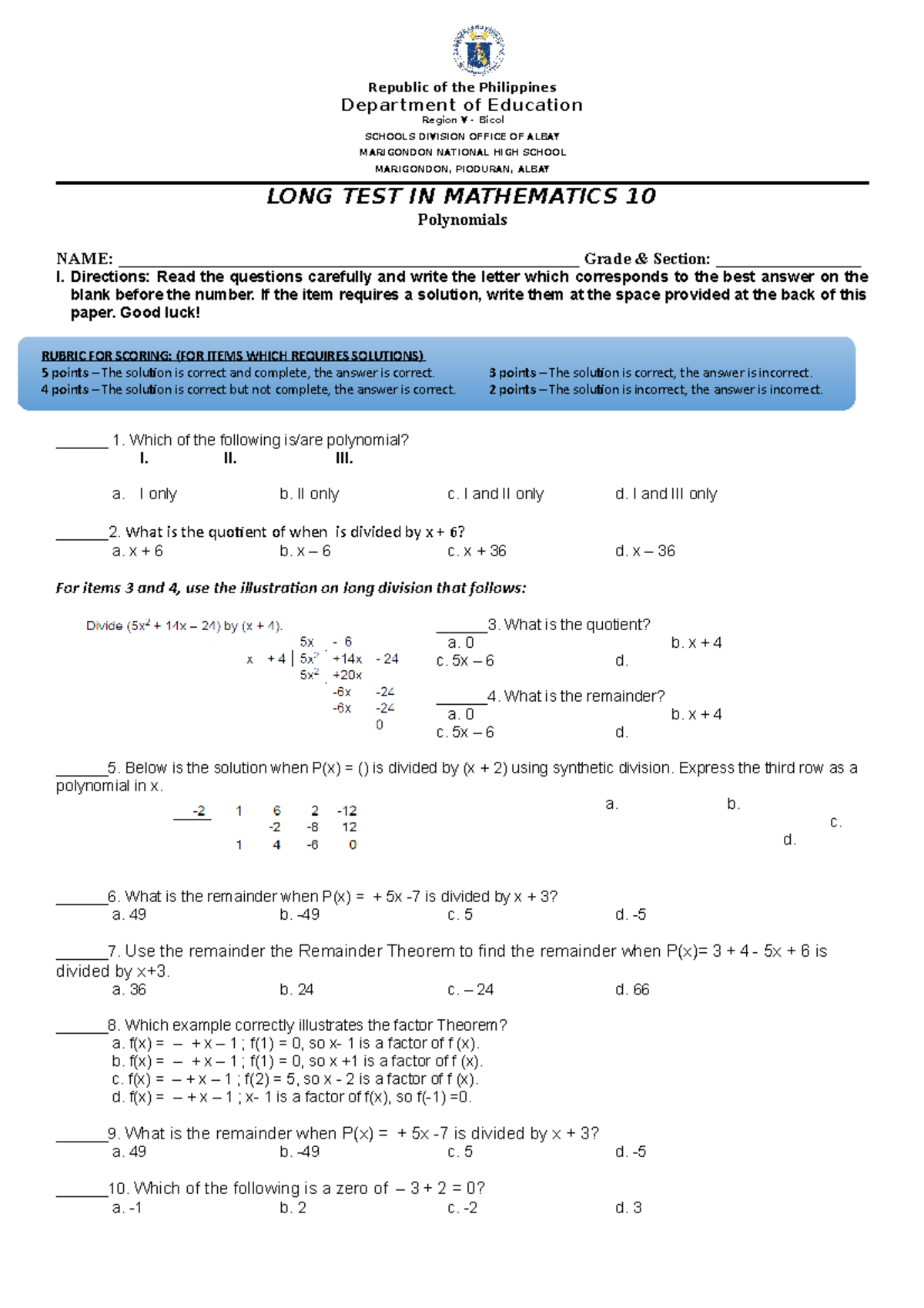 Long Test in Math 10 - Polynomials for Quarter 2 Assessment - Studocu