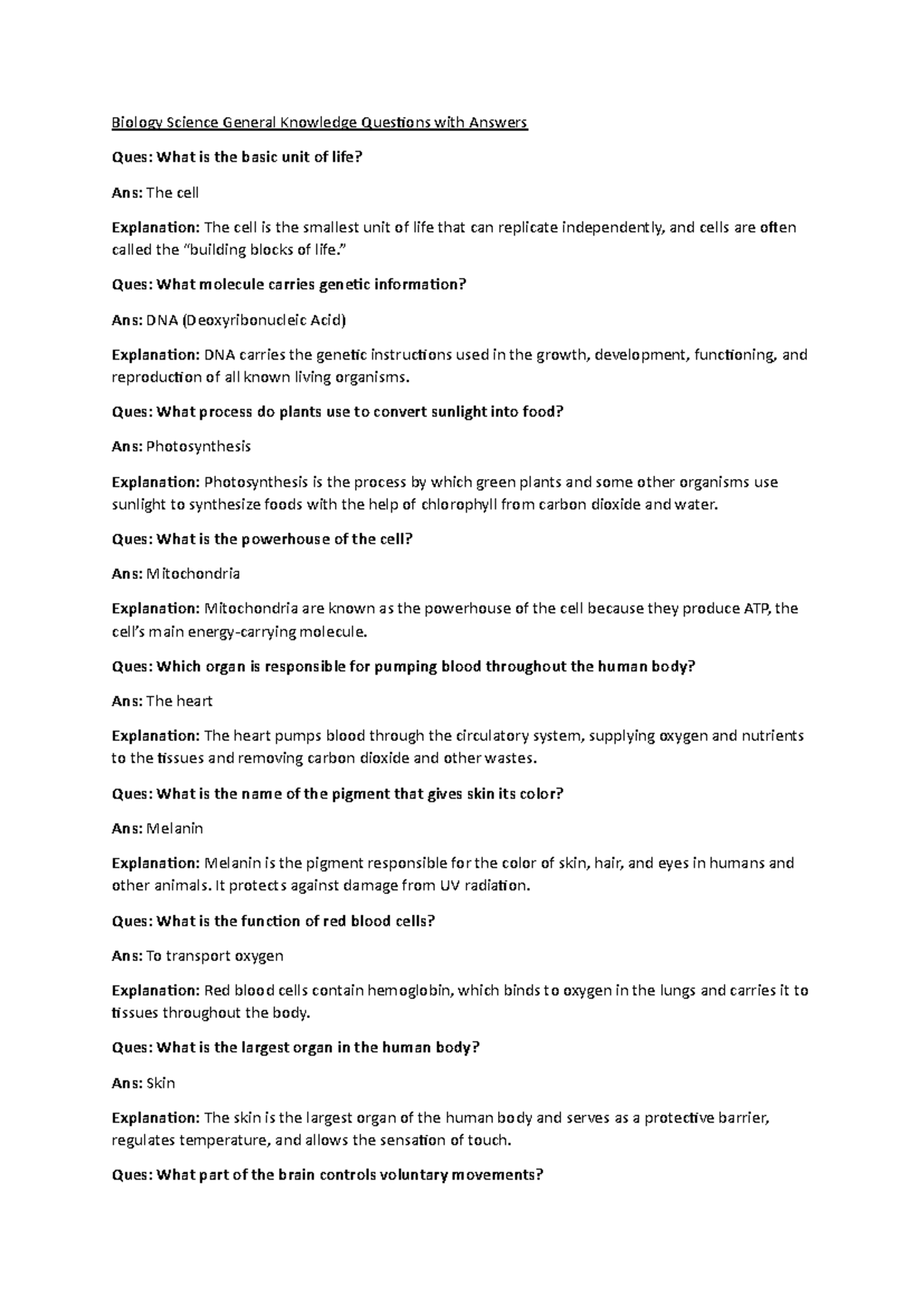 Science Practice 2: General Knowledge Questions & Answers - Studocu