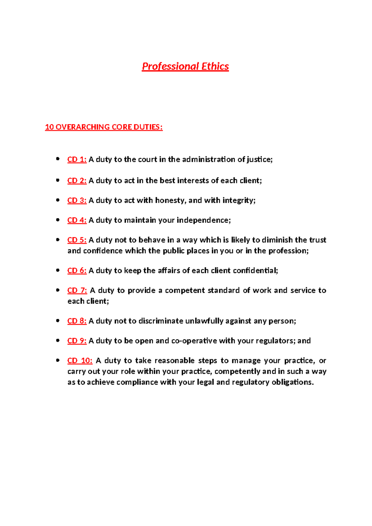 Professional Ethics: 10 Core Duties Overview - Studocu