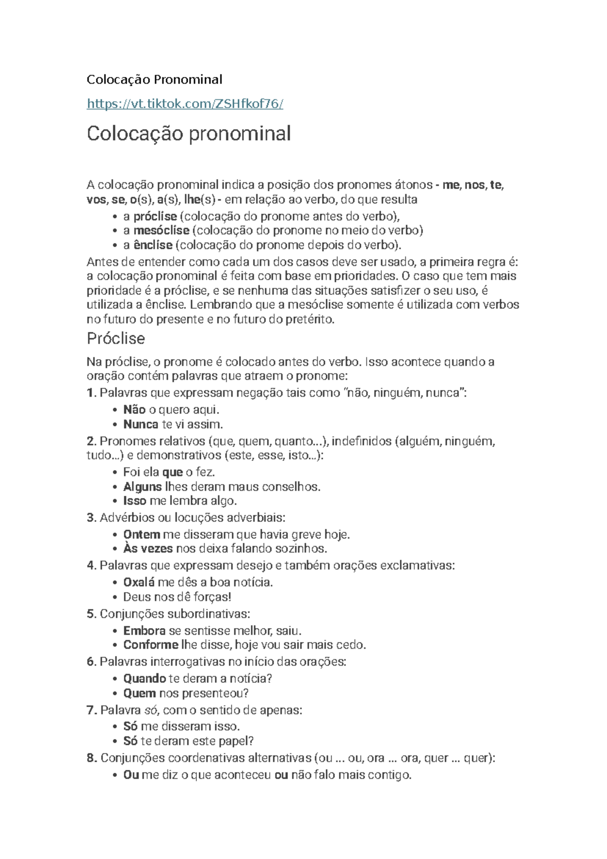 Colocação Pronominal - Resumo e Exemplos de Uso - Studocu