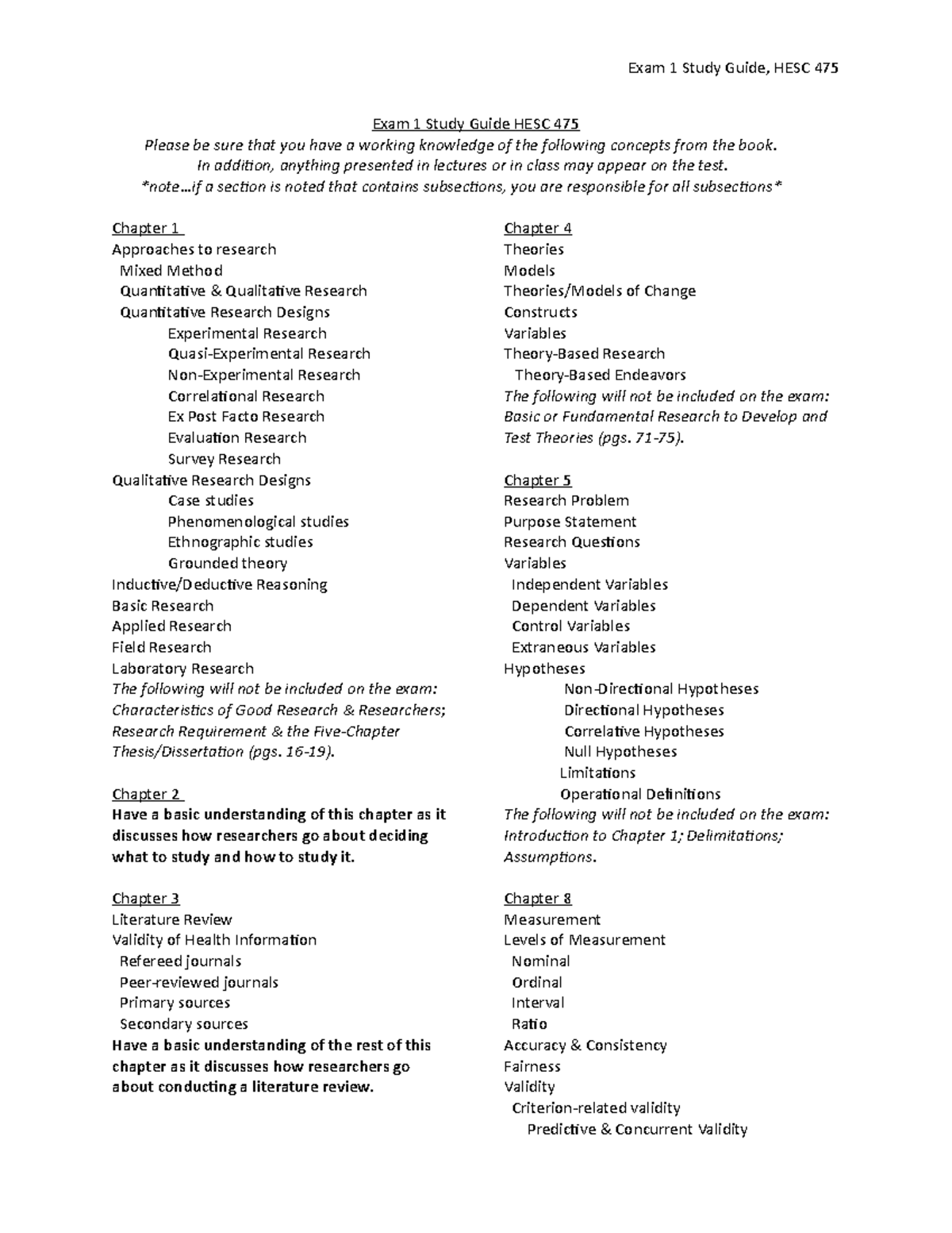 Exam1Study Guide HESC 475 spring 2018 - Exam 1 Study Guide, HESC 475 ...