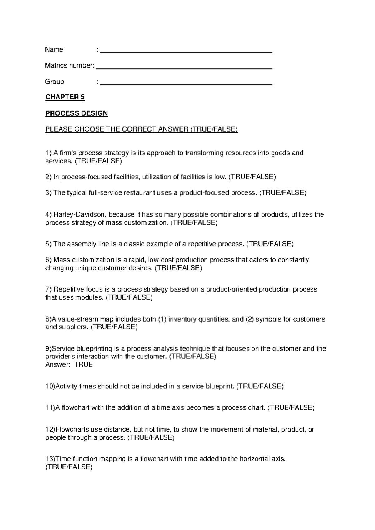 Process Design Quiz Questions - Chapter 5 SS2024 - Studocu
