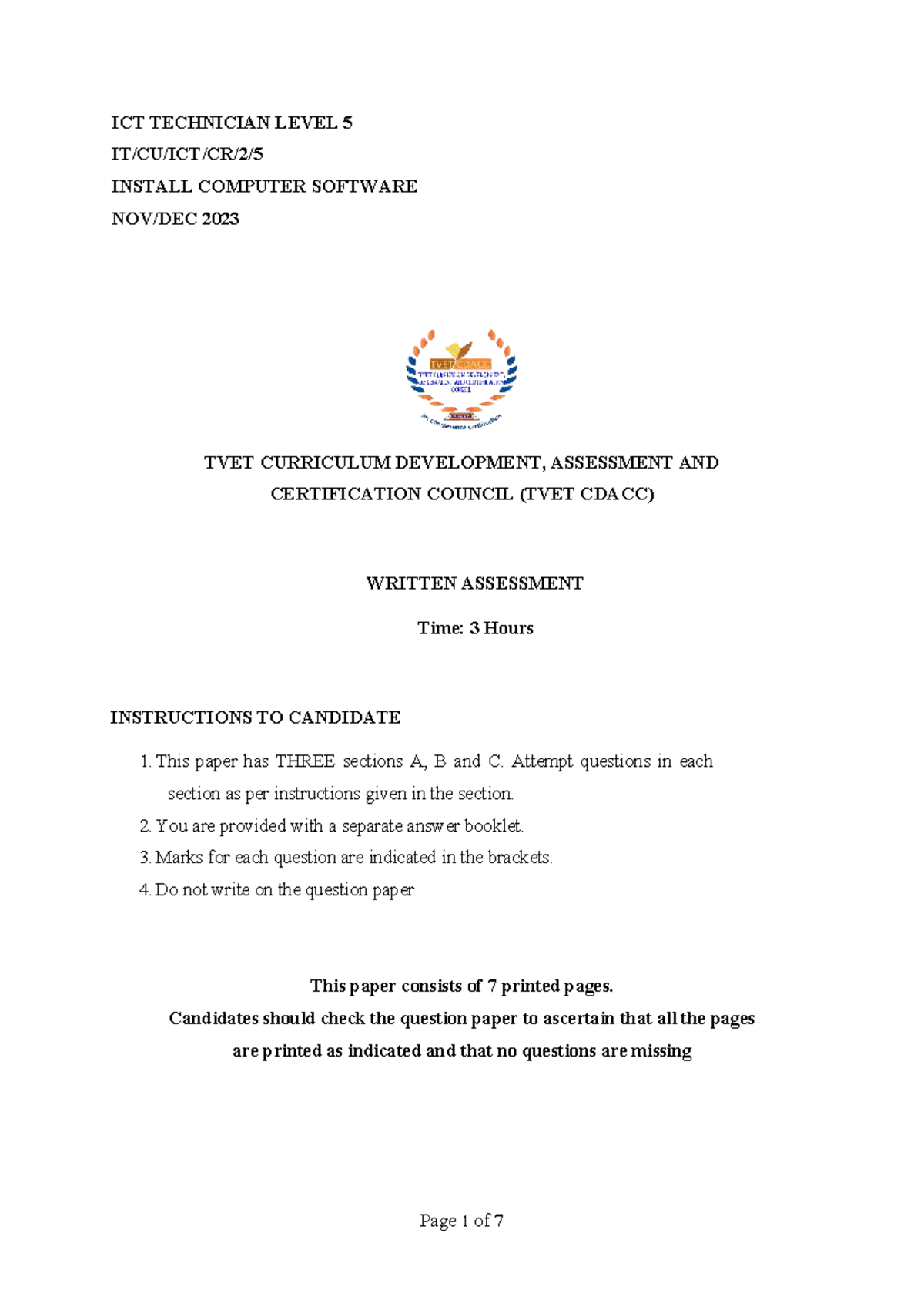 ICT Technician Level 5: Install Computer Software Nov-Dec 2023 ...