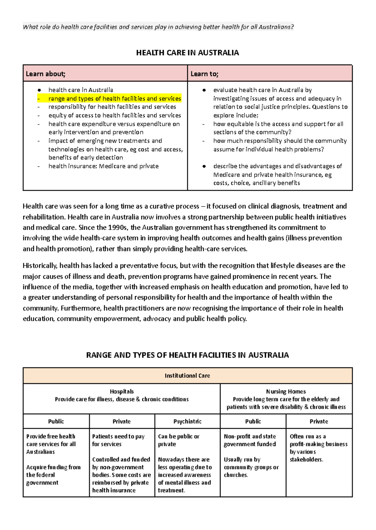 Range and Types of Health Facilities and Services in Australia: A Study ...