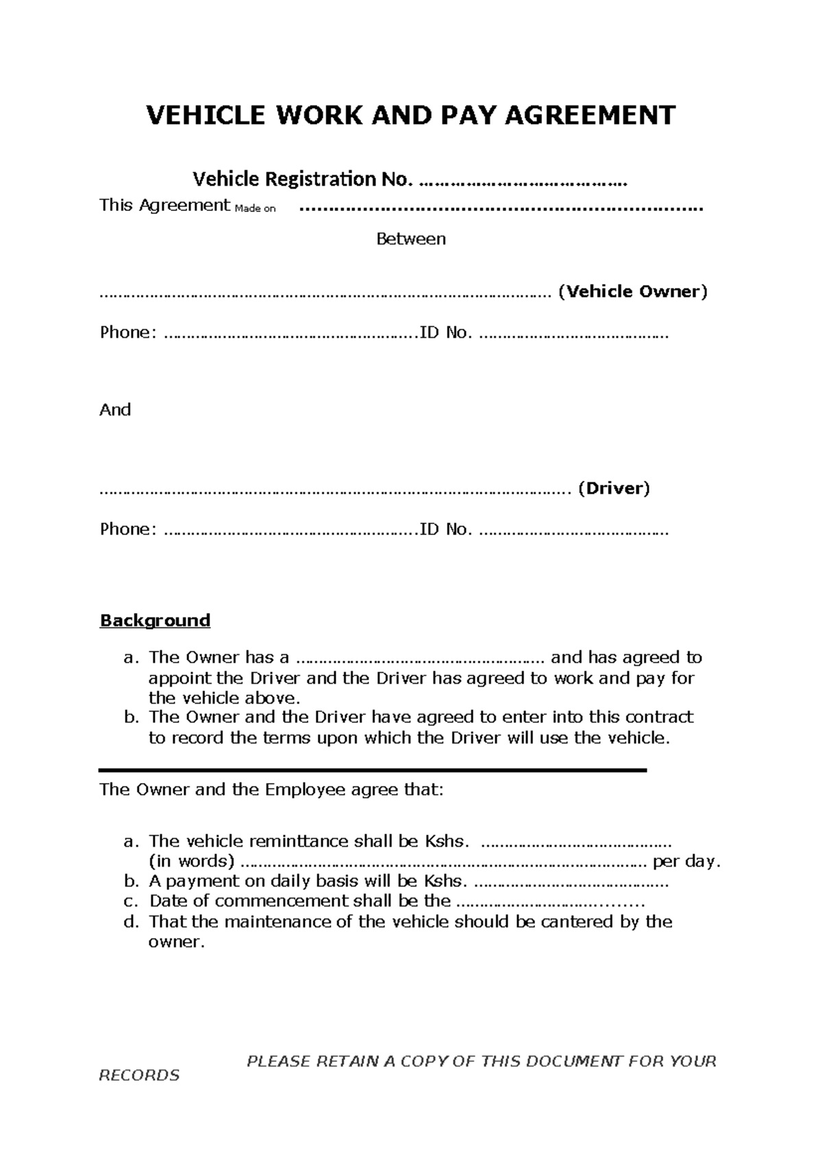 Owner-driver agreement for vehicle work and pay details - Studocu
