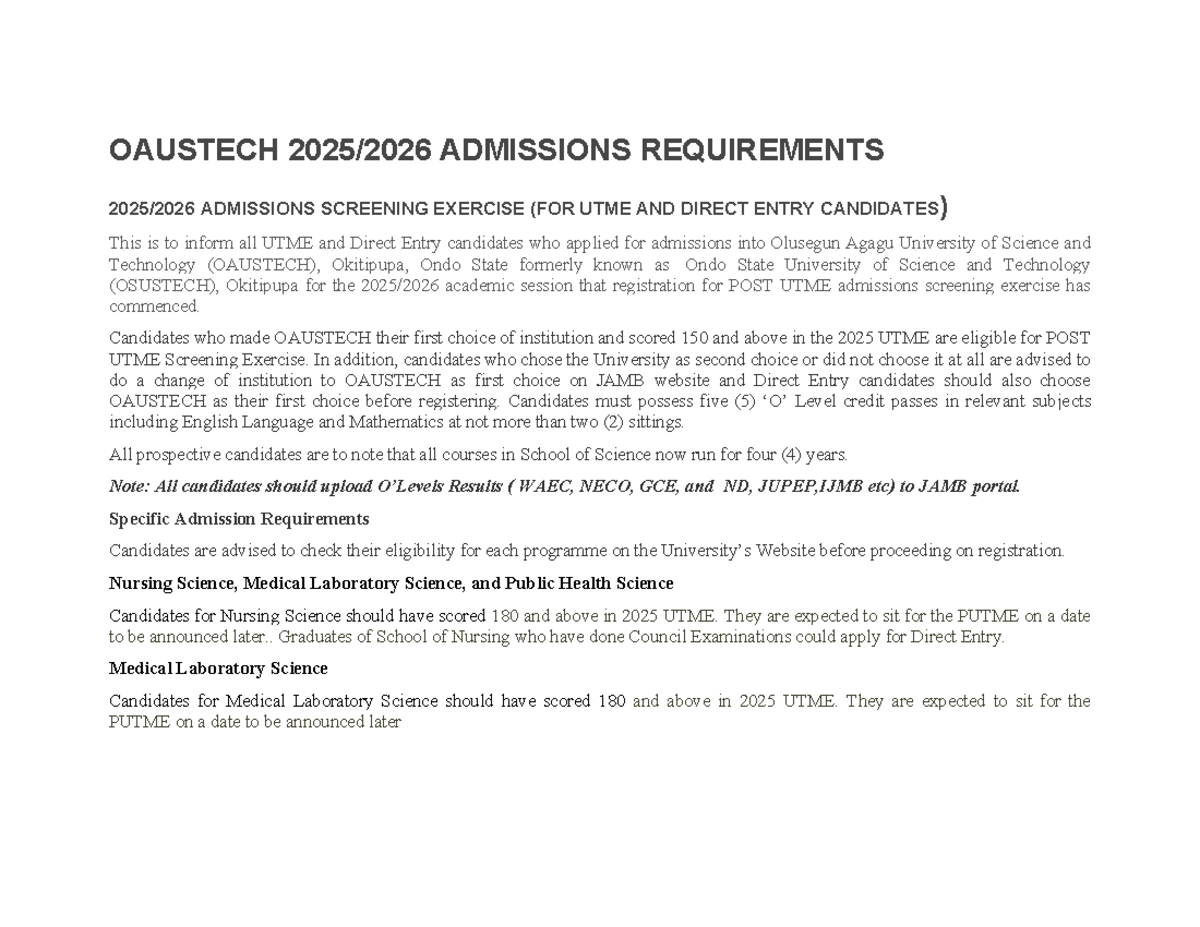 OAUSTECH 2025-2026 Admissions Requirements & Screening Exercise - Studocu