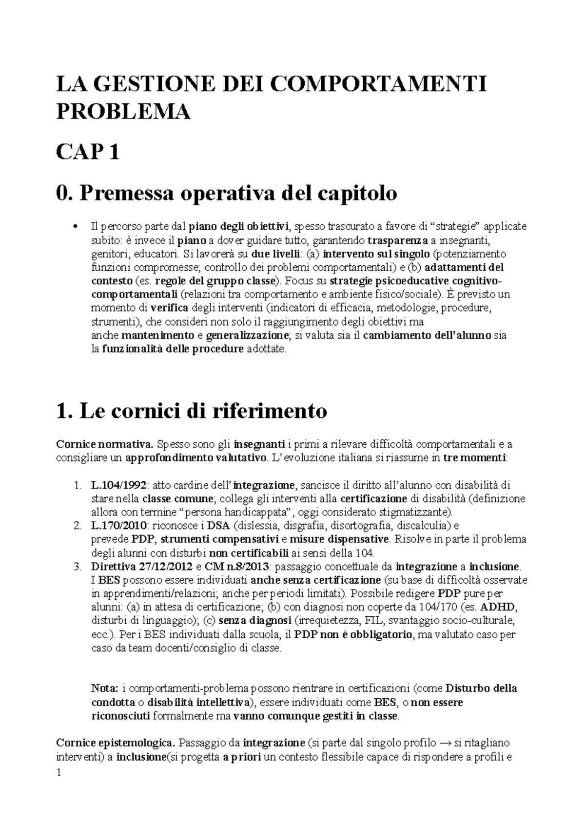 LA GESTIONE DEI COMPORTAMENTI PROBLEMA - CAPITOLO 1: INTRODUZIONE E ...