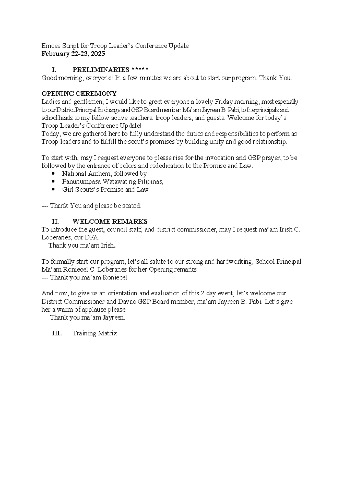 Emcee Script for Troop Leader's Conference Update (Feb 22-23, 2025 ...