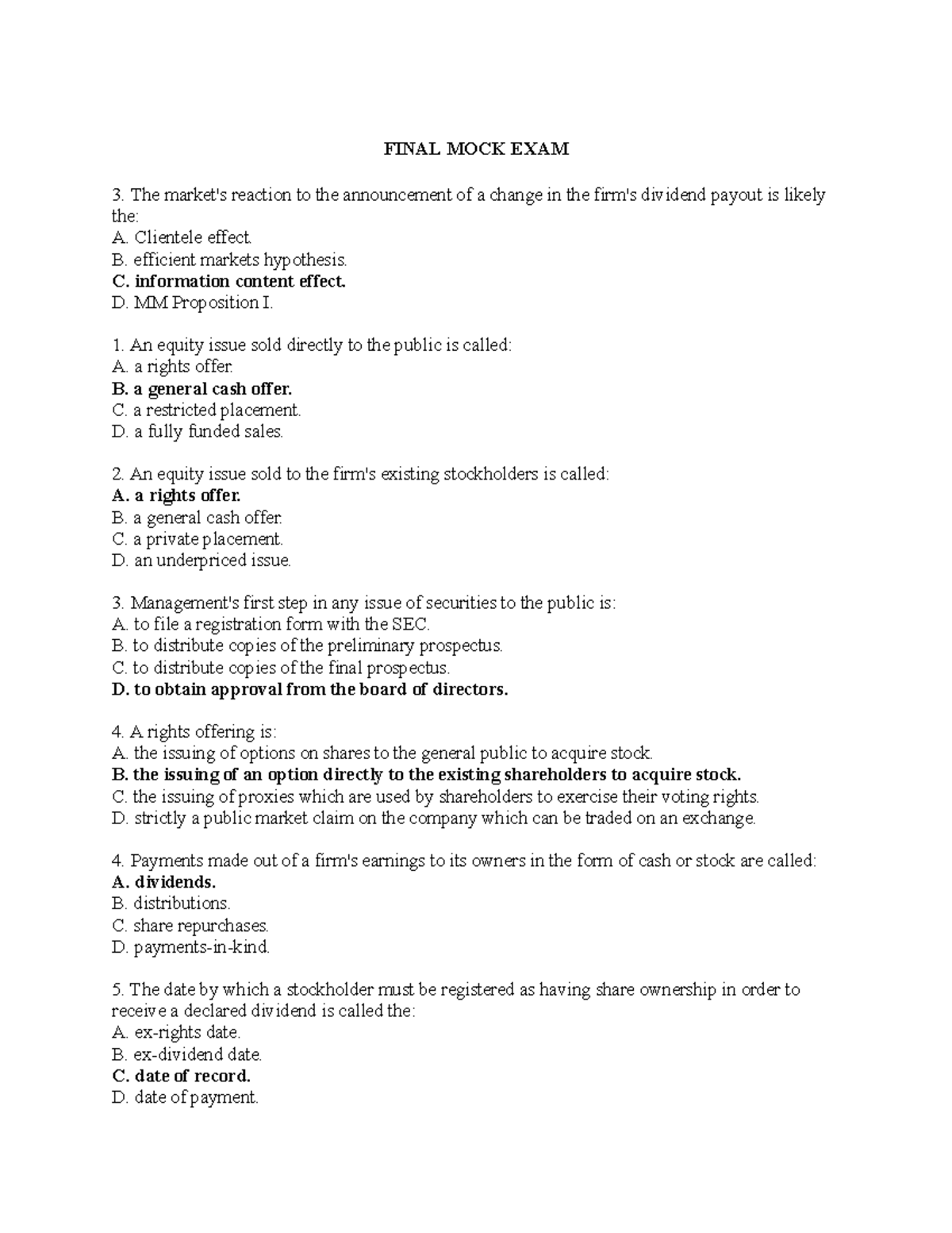 FINAL MOCK EXAM 3 ANSWERS - FIN 301 - Studocu