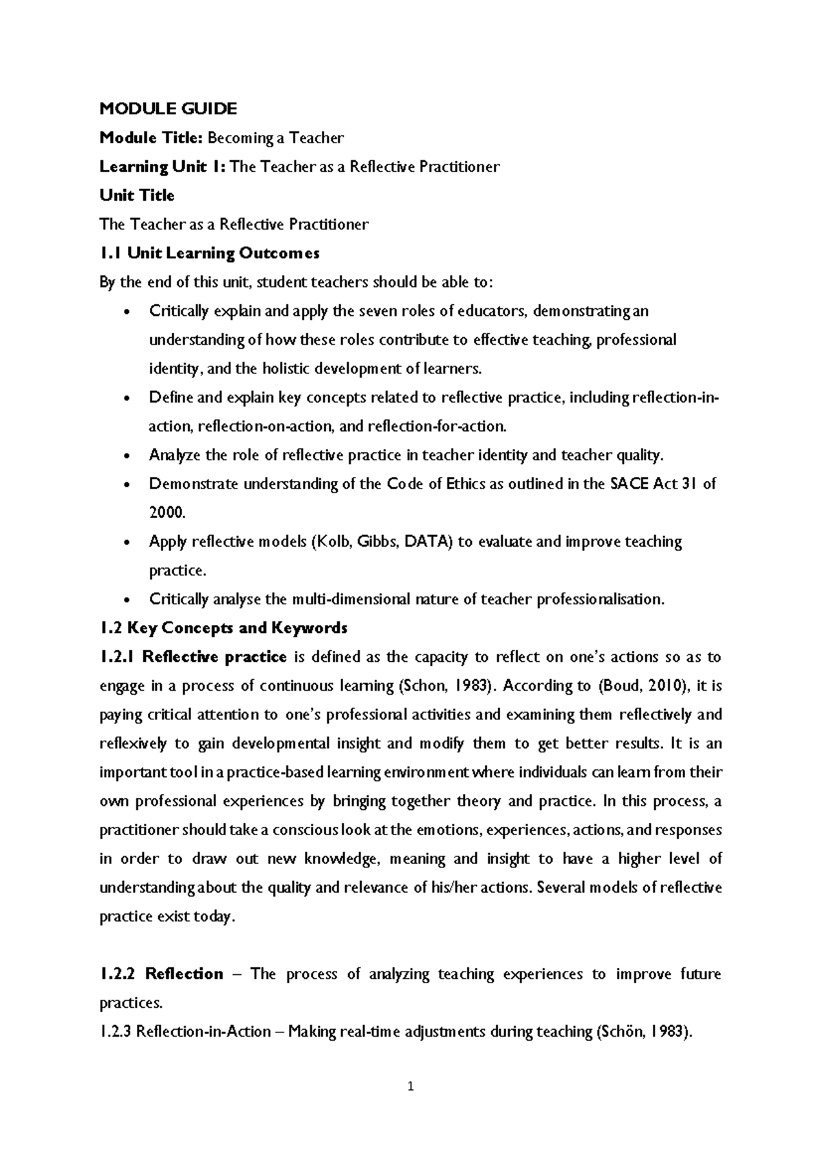 TEACHER AS A REFLECTIVE PRACTITIONER: MODULE GUIDE (B.Ed.) - Studocu