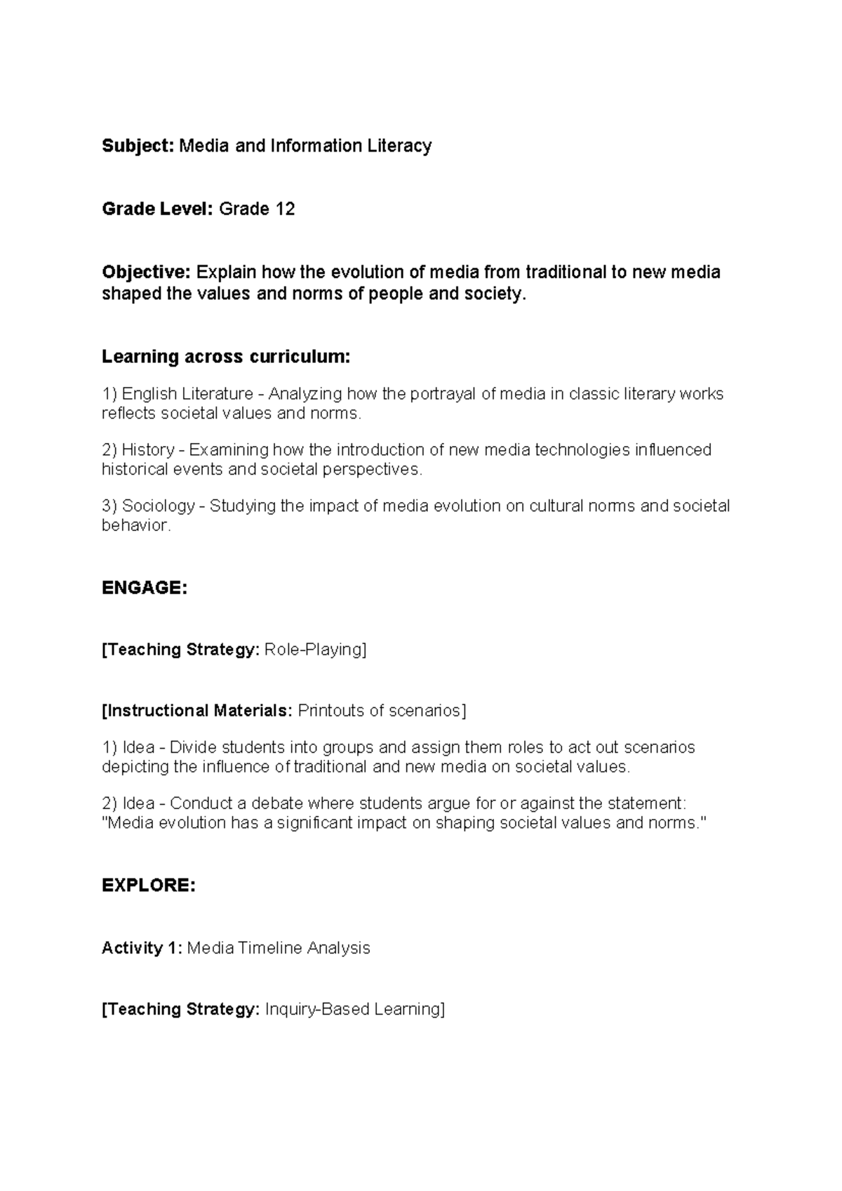 MIL 12: Lesson Plan on Media Evolution and Societal Values - Studocu