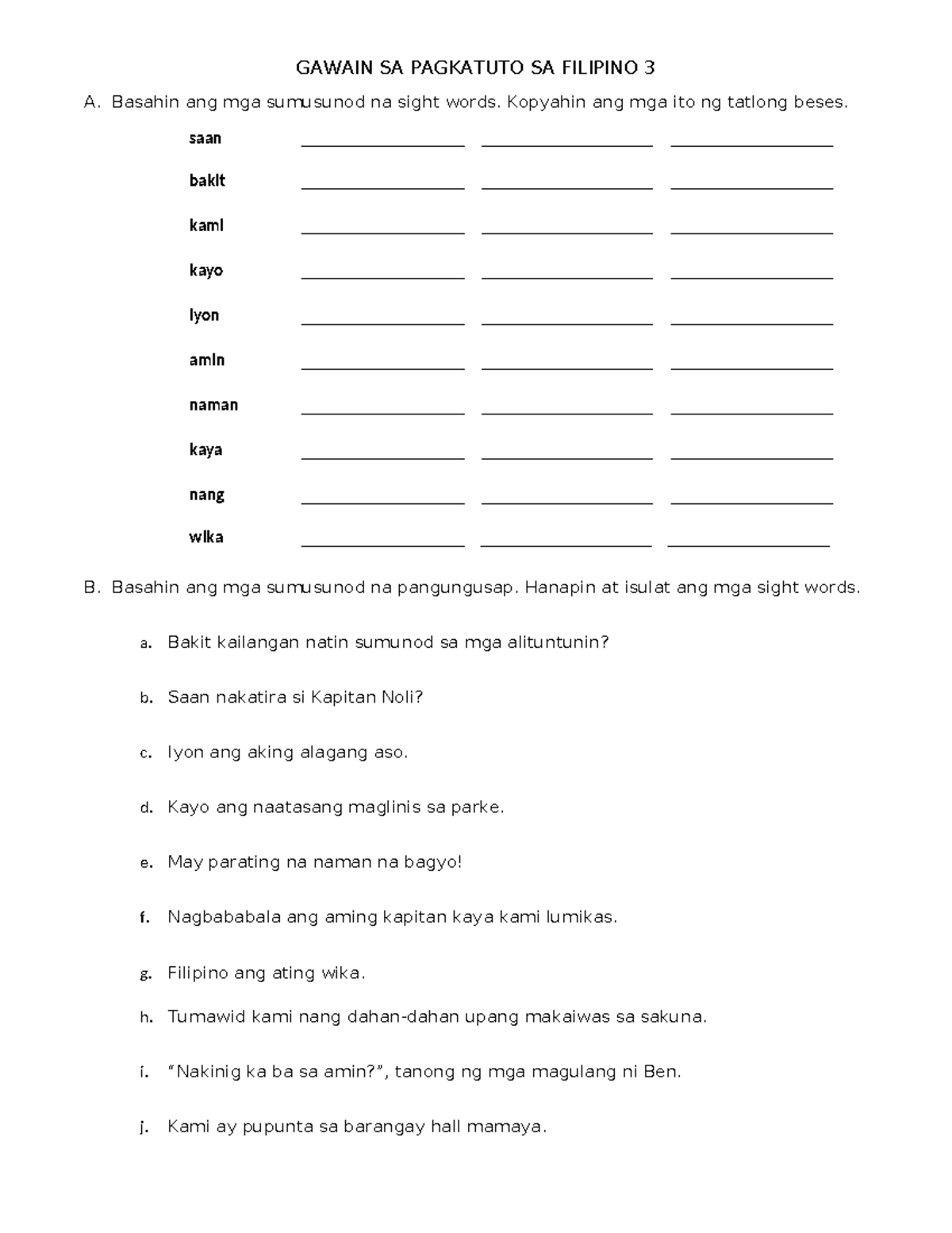 Gawain sa Pagkatuto sa Filipino 3: Sight Words at Pangungusap - Studocu