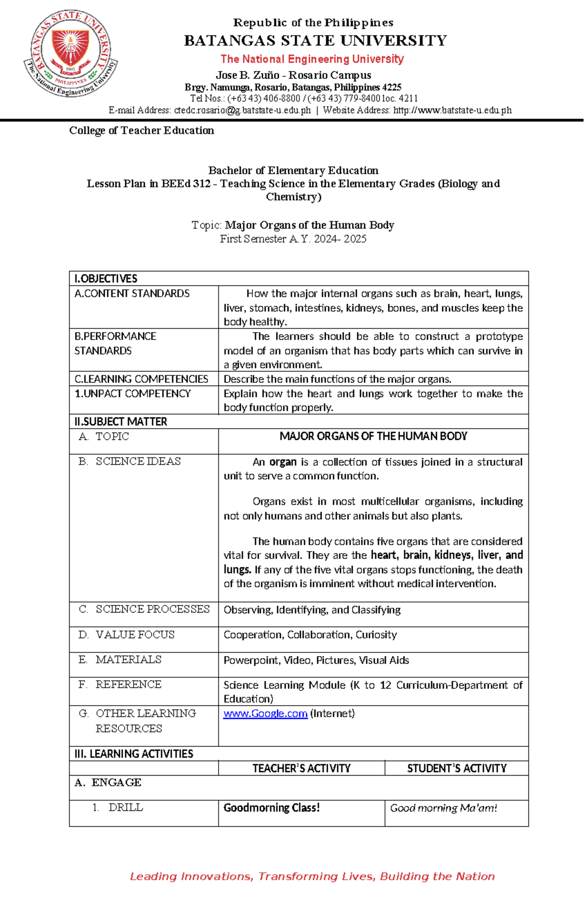 Lesson PLAN IN Science 1 - BATANGAS STATE UNIVERSITY The National ...