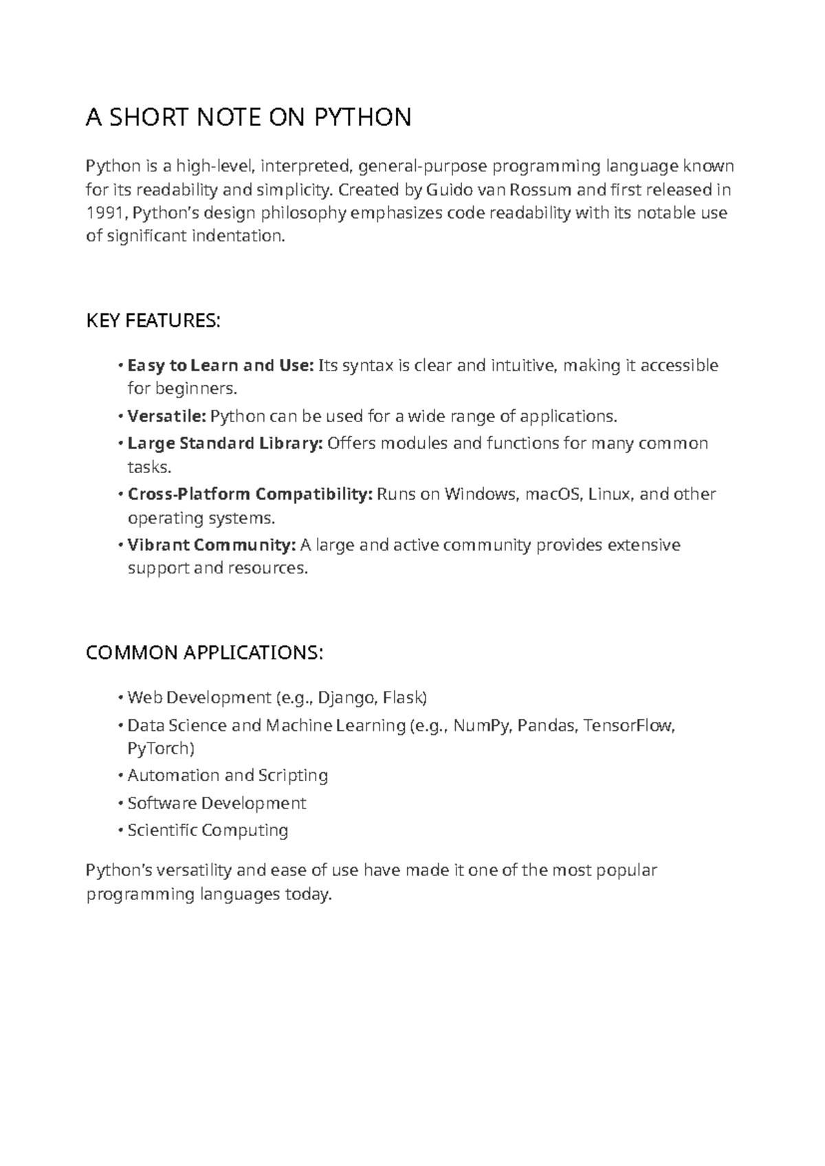 Python Quick Note - Introduction to Key Features and Applications - Studocu