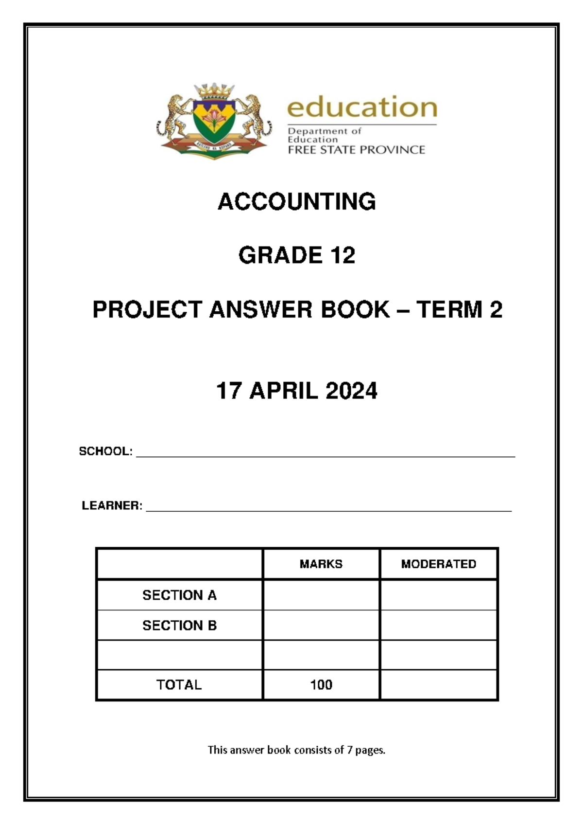 Accounting Project Grade 12 Term 2 2024 - Answer Book - Studocu