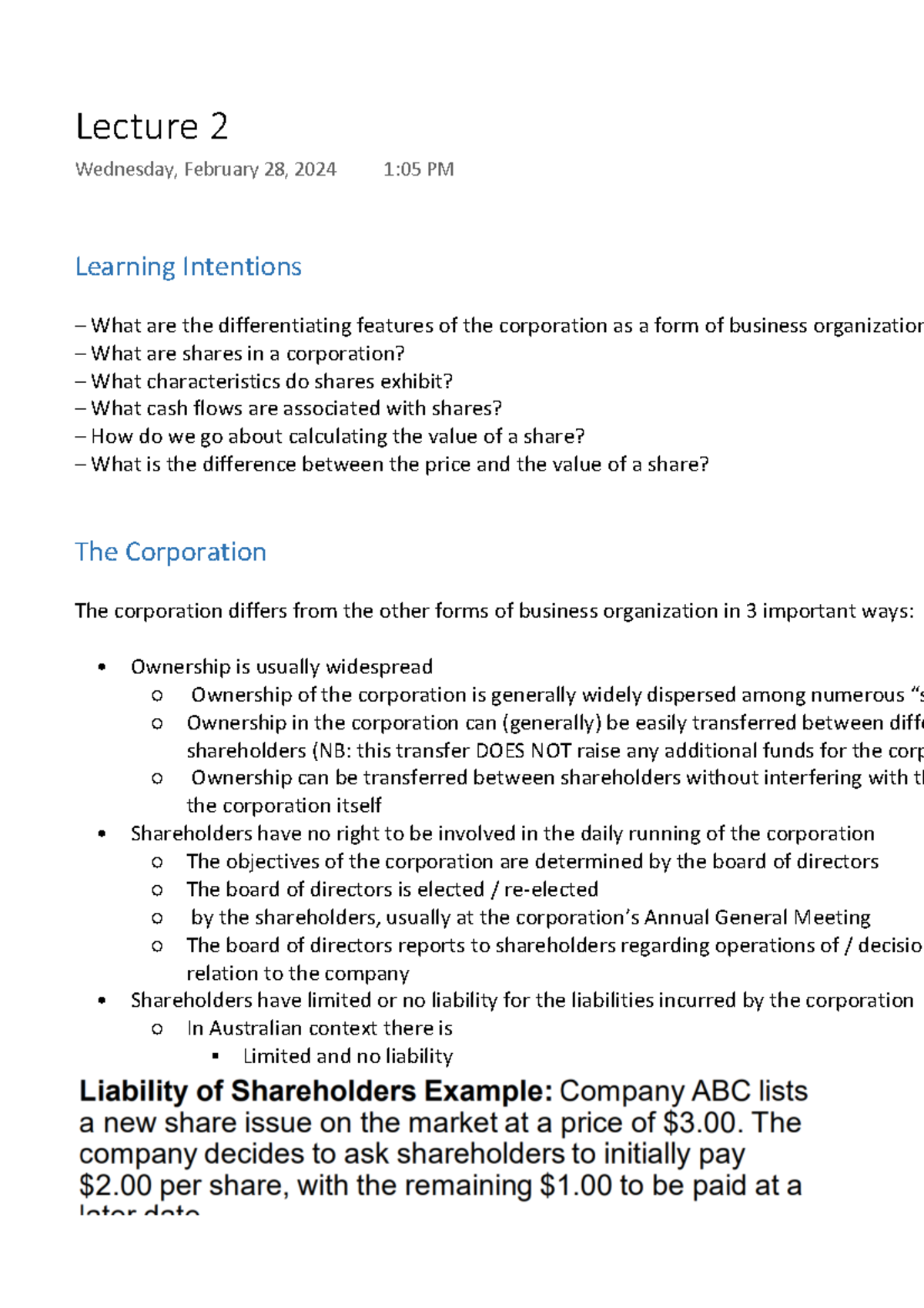 Finance Lecture 2 - Understanding Corporations and Share Valuation ...