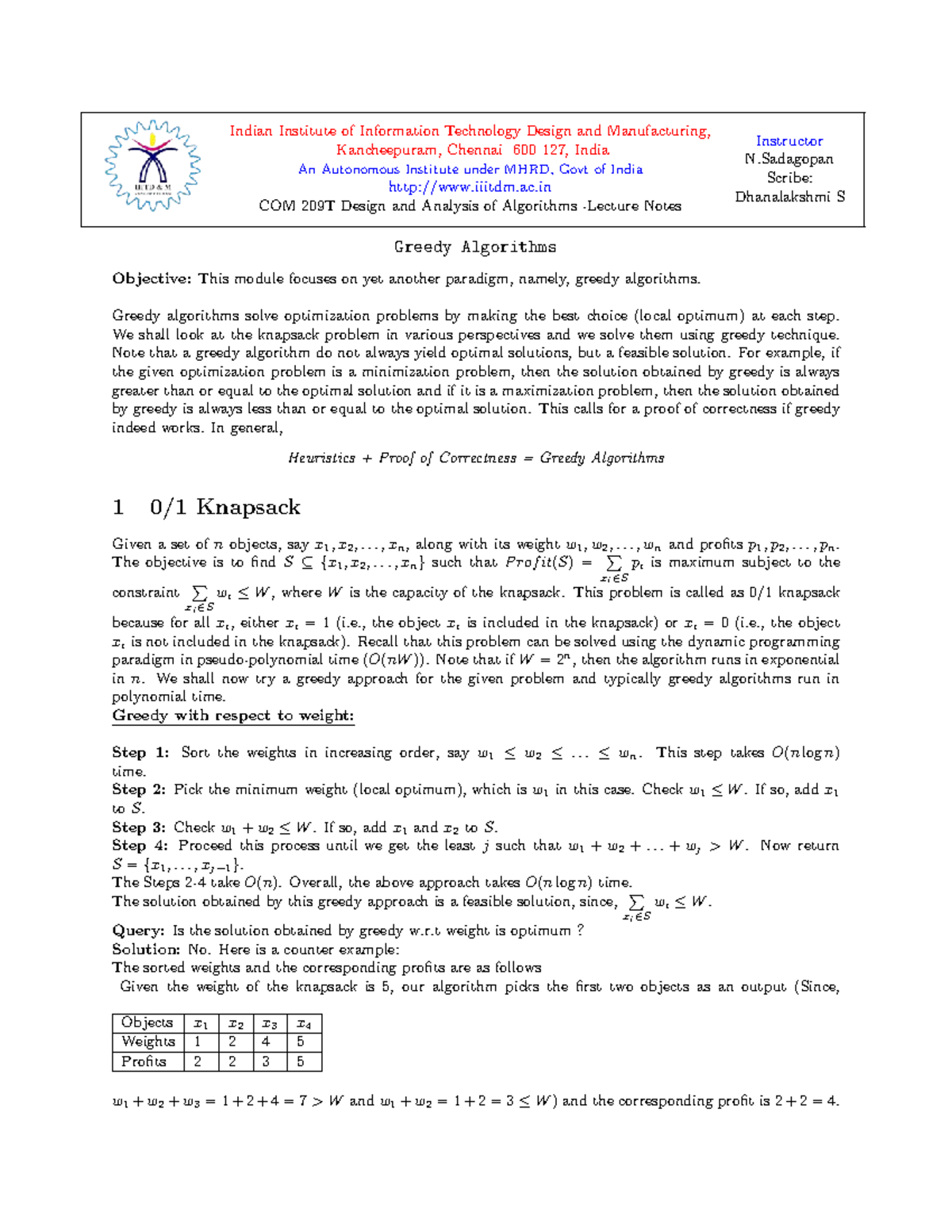 COM 209T Design and Analysis of Algorithms: Greedy Algorithms Notes ...