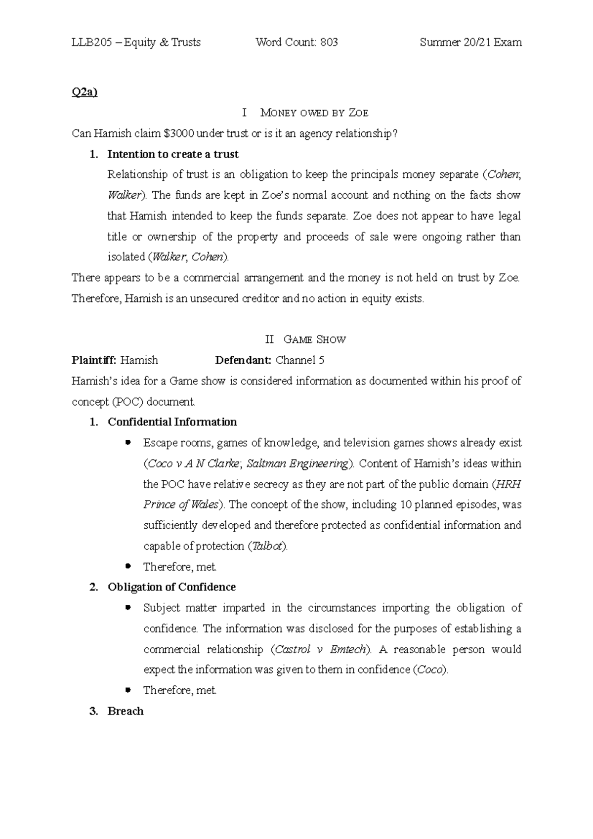 LLB205 - Equity Exam Summer 20/21 - Analysis of Trusts and Obligations ...