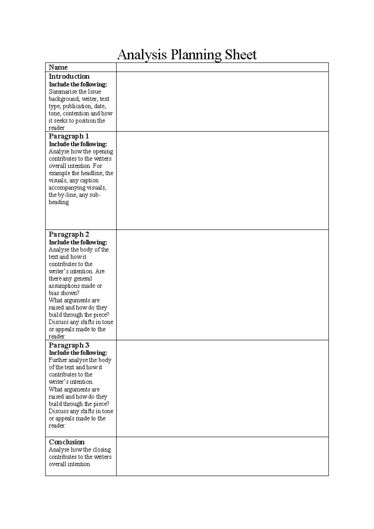 Analysis Planning Sheet: Textual Analysis Framework - Studocu