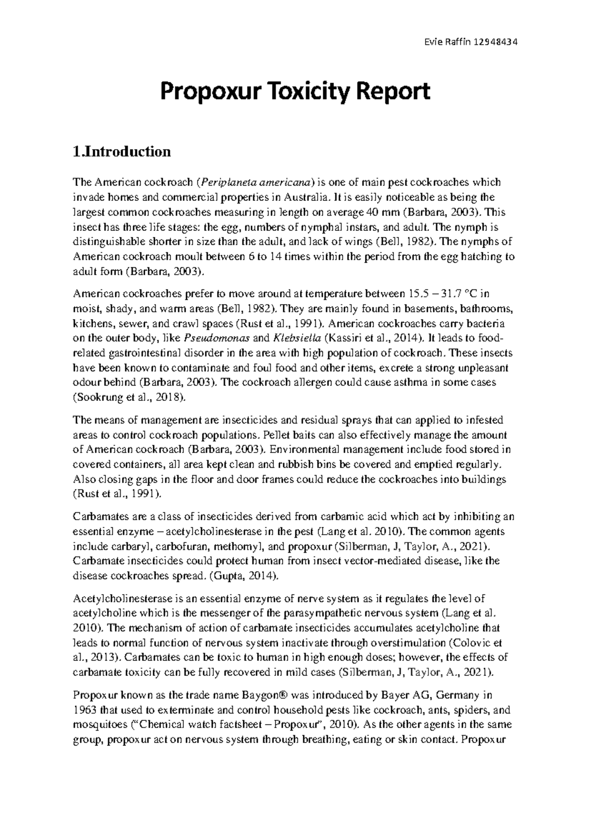 Report - Grade: 20 - Propoxur Toxicity Report 1 The American cockroach ...