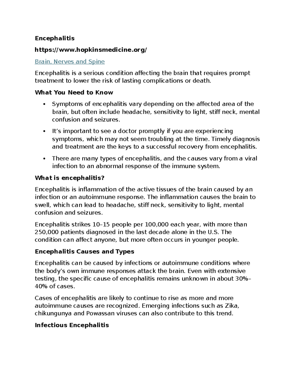 Encephalitis - Comprehensive Study Notes on Brain Inflammation - Studocu