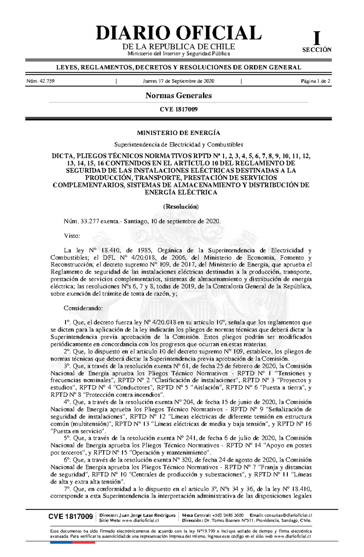 Resolución RPTD Nº 1-16 del Diario Oficial de Chile - Septiembre 2020 ...