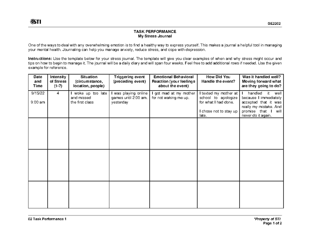 GE 2202 - Task Performance 1: My Stress Journal Template - Studocu