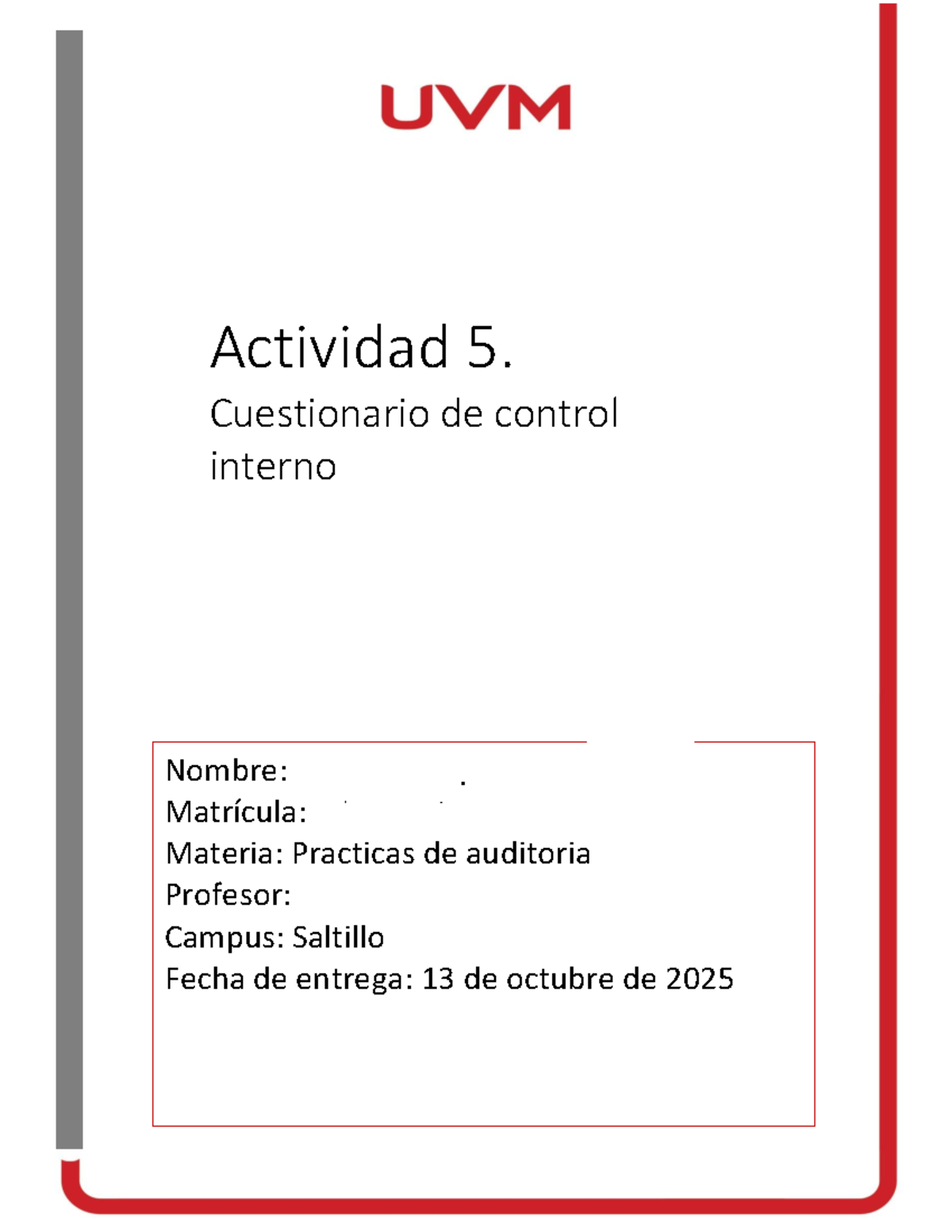 Actividad 5: Cuestionario de Control Interno en Recursos Humanos - Studocu