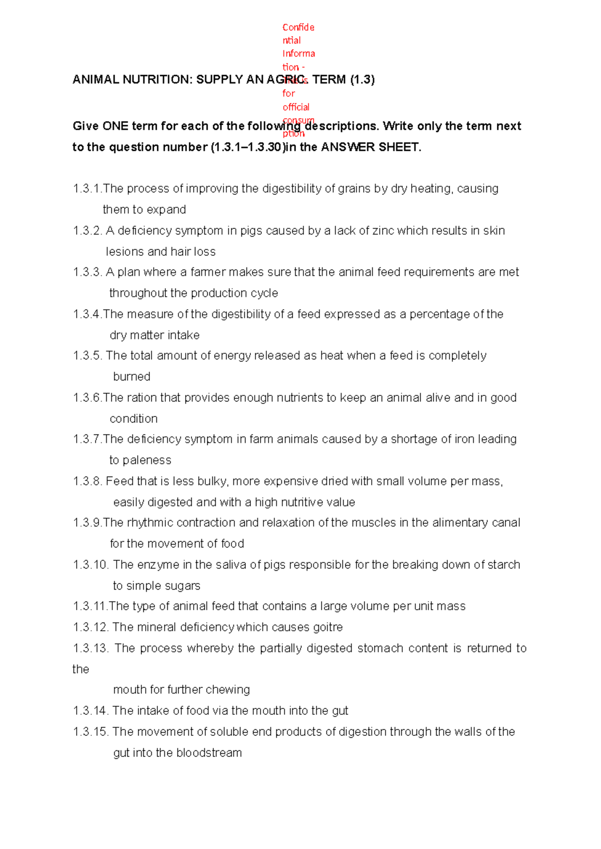 Animal Nutrition AGRI 1.3: Key Terms and Definitions for Study - Studocu