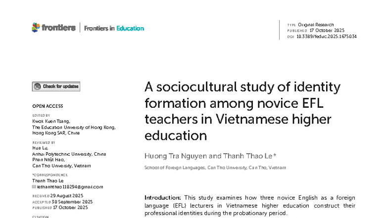 Feduc-10-1675034 - Identity Formation of Novice EFL Teachers in Vietnam ...