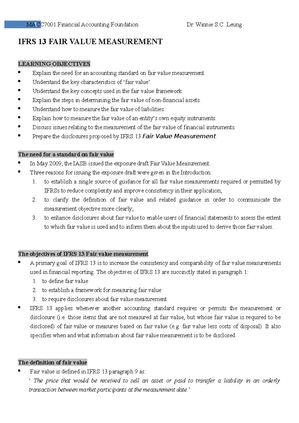 IFRS 13 Fair Value Measurement - IFRS 13 FAIR VALUE MEASUREMENT ...