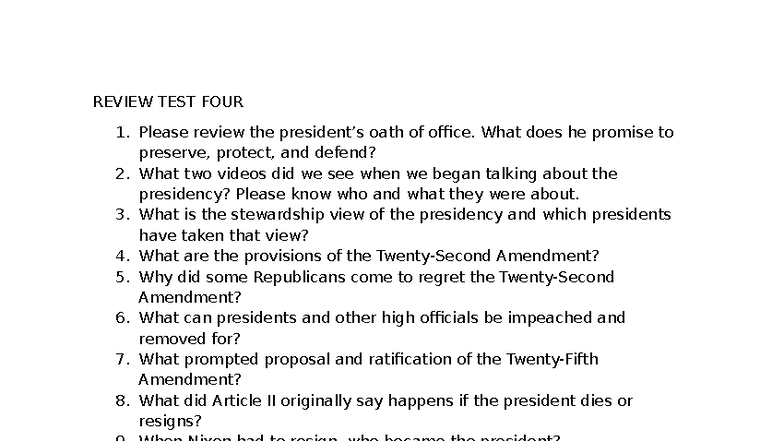 POLS 101: Test Four Review on Presidential Powers and Succession - Studocu