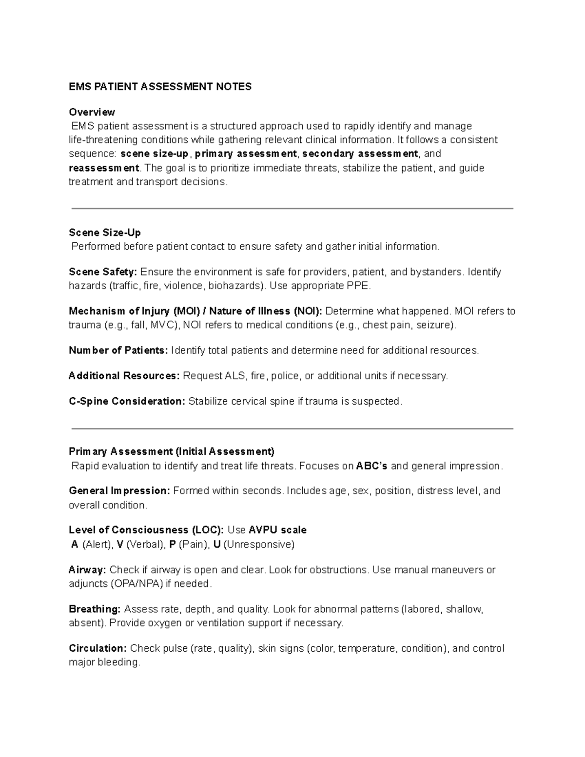 EMS 101: Patient Assessment Notes for Emergency Care - Studocu