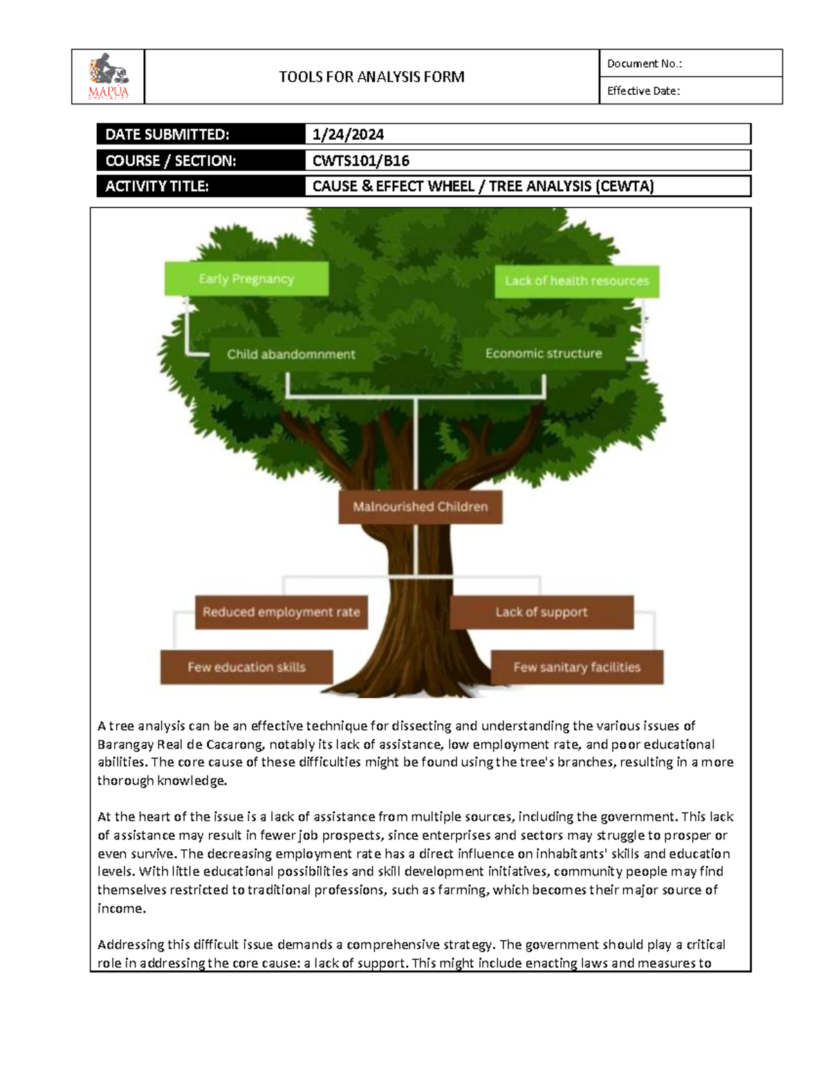 CWTS101/B Cause & Effect Tree Analysis of Barangay Issues - Studocu