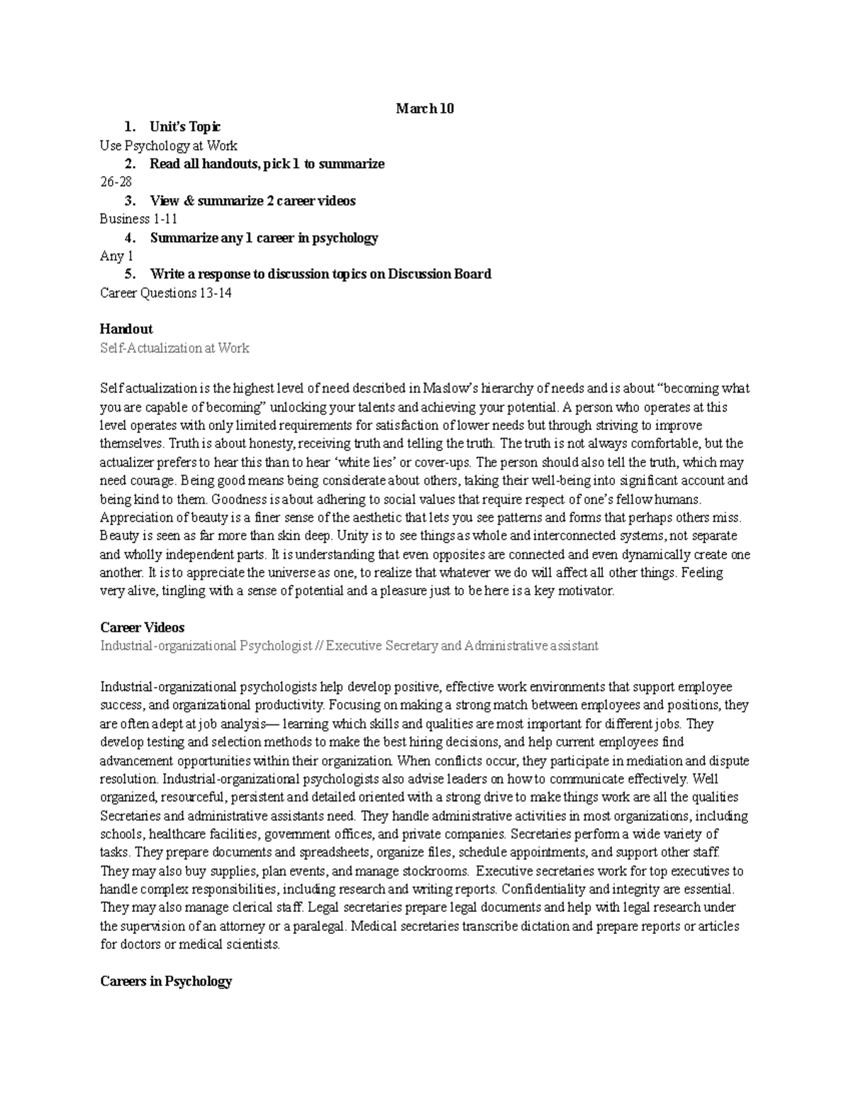 Unit 7 (Psych 101) - Week 7 Notes on Psychology at Work - Studocu