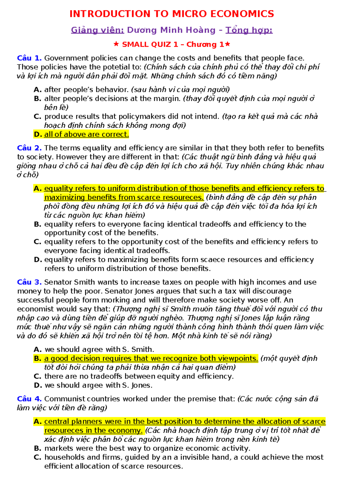 INTRODUCTION TO MICROECONOMICS - QUIZ 1 & 2 - Studocu