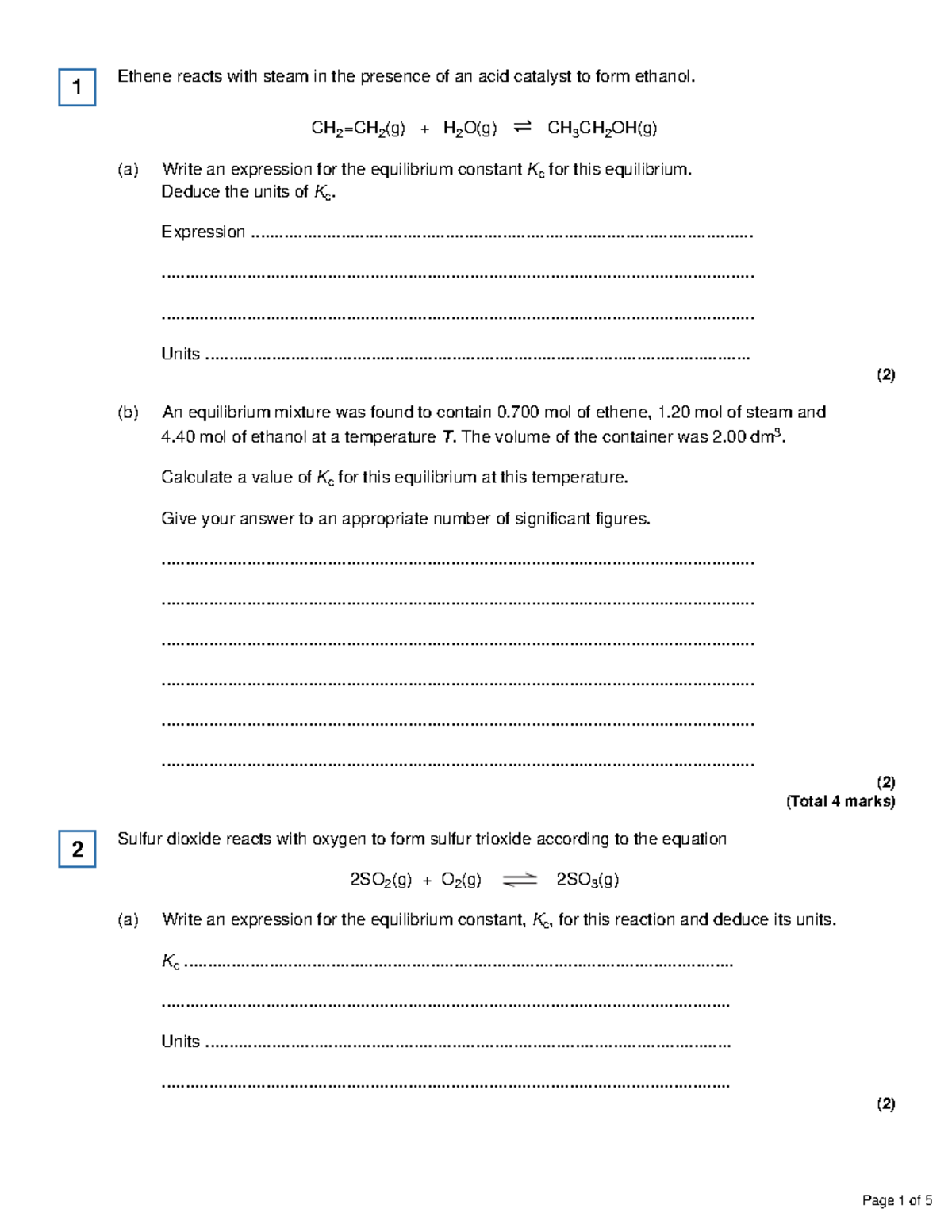 Kc Equilibrium Constant Calculations: Past Paper Questions - Studocu