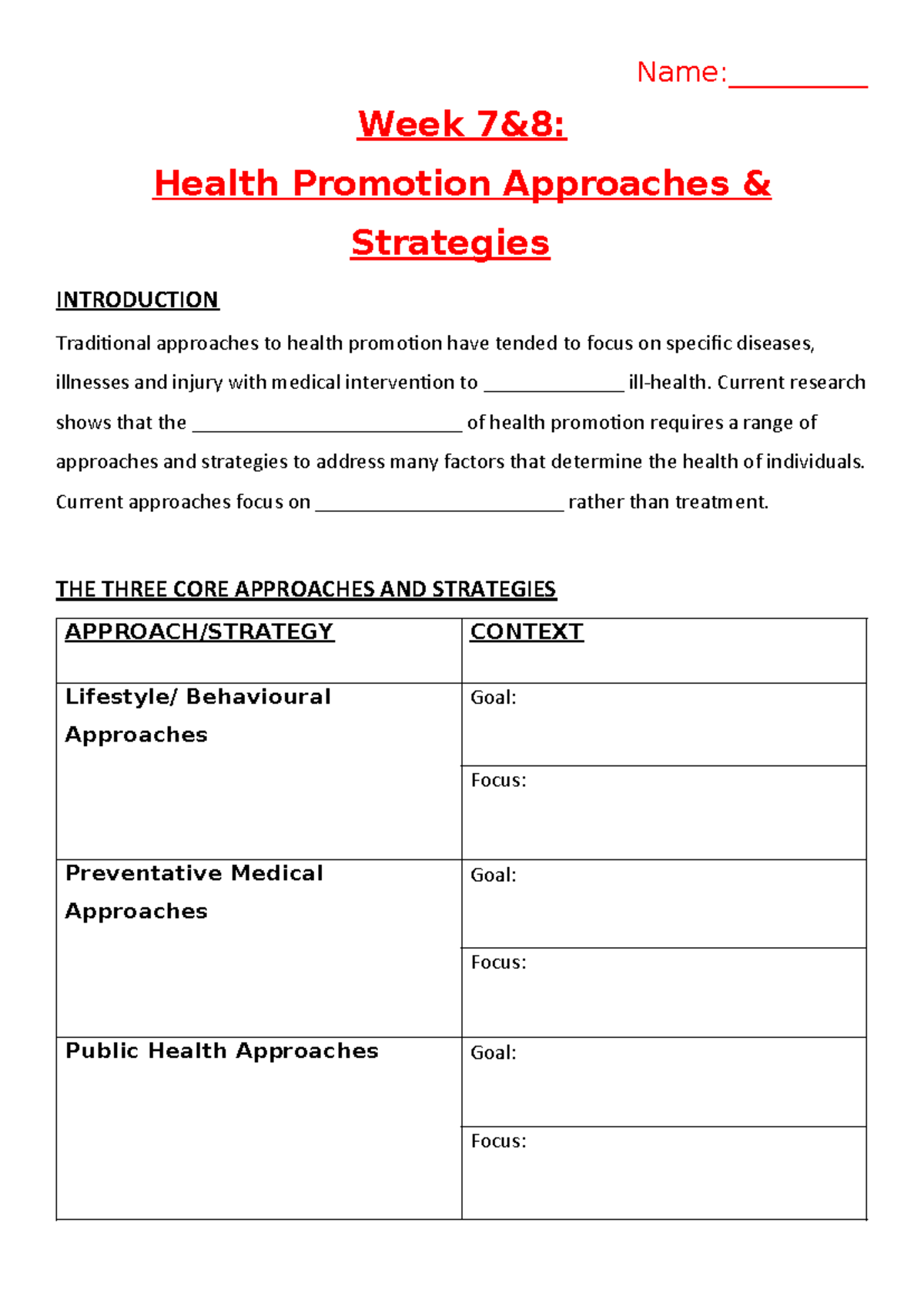 Worksheet Lesson - Health Promotion Approaches & Ottawa Charter ...