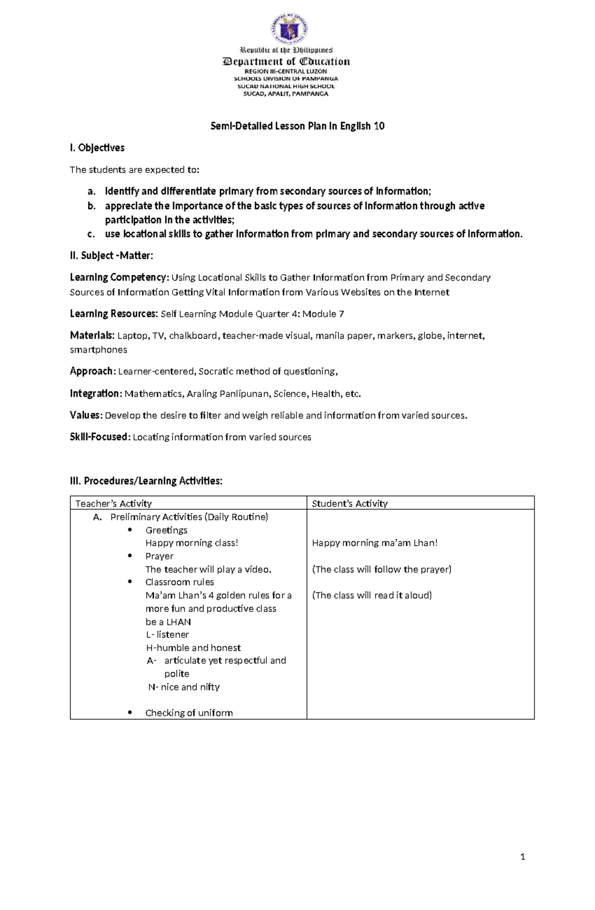 Semi-Detailed Lesson Plan in English 10: Locational Skills for Sources ...